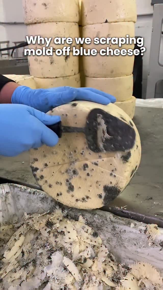 Yes, blue cheese has mold. And yes… we still scrape part of it off 👀 This step helps create the text…