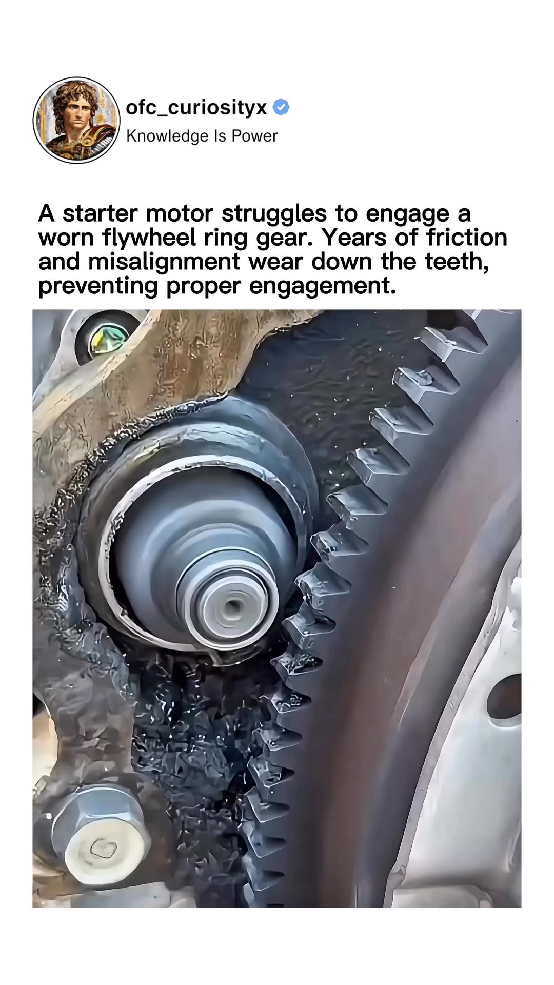 This post features a starter motor struggling to engage a worn flywheel ring gear after years of rep…