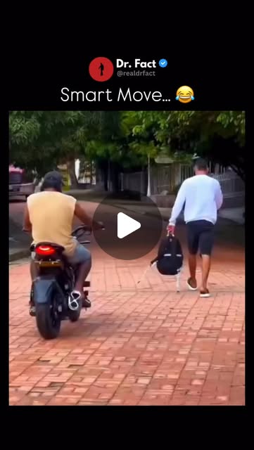 The post features a 30-second video showing a scooter rider in shorts who spots a dropped backpack o…