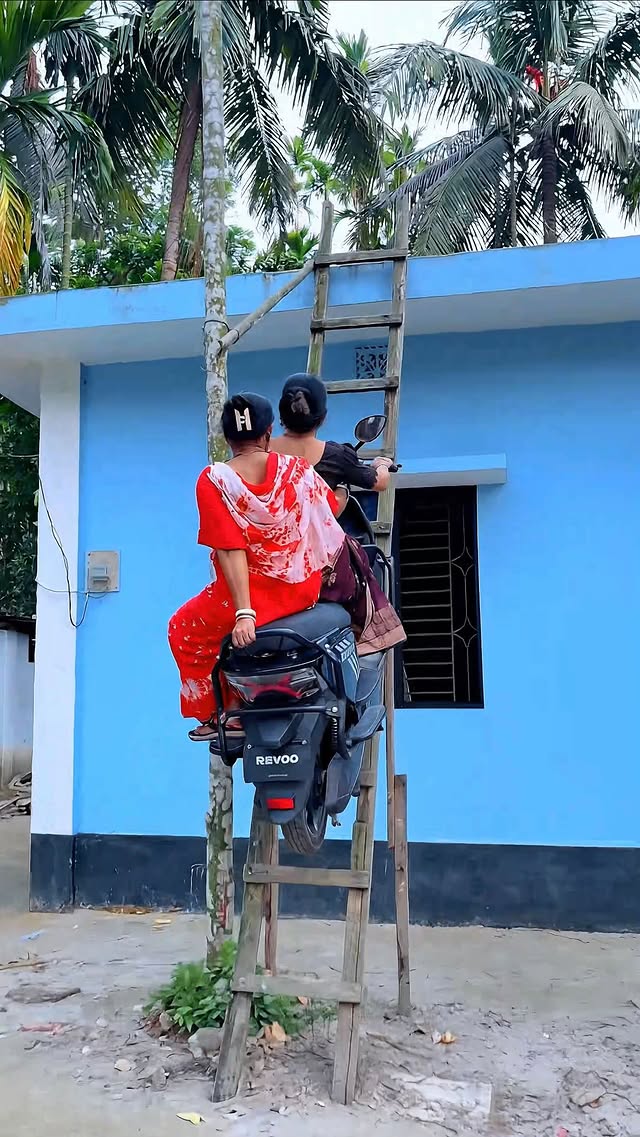 বাইক দিয়ে মই বেয়ে ছাদে উঠলাম 😀