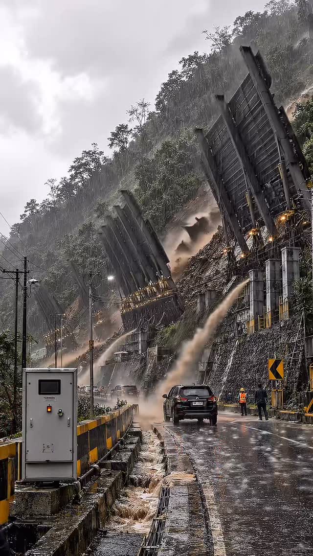 As relentless heavy rain hits the modern mountain roadway, an automated smart landslide protection s…
