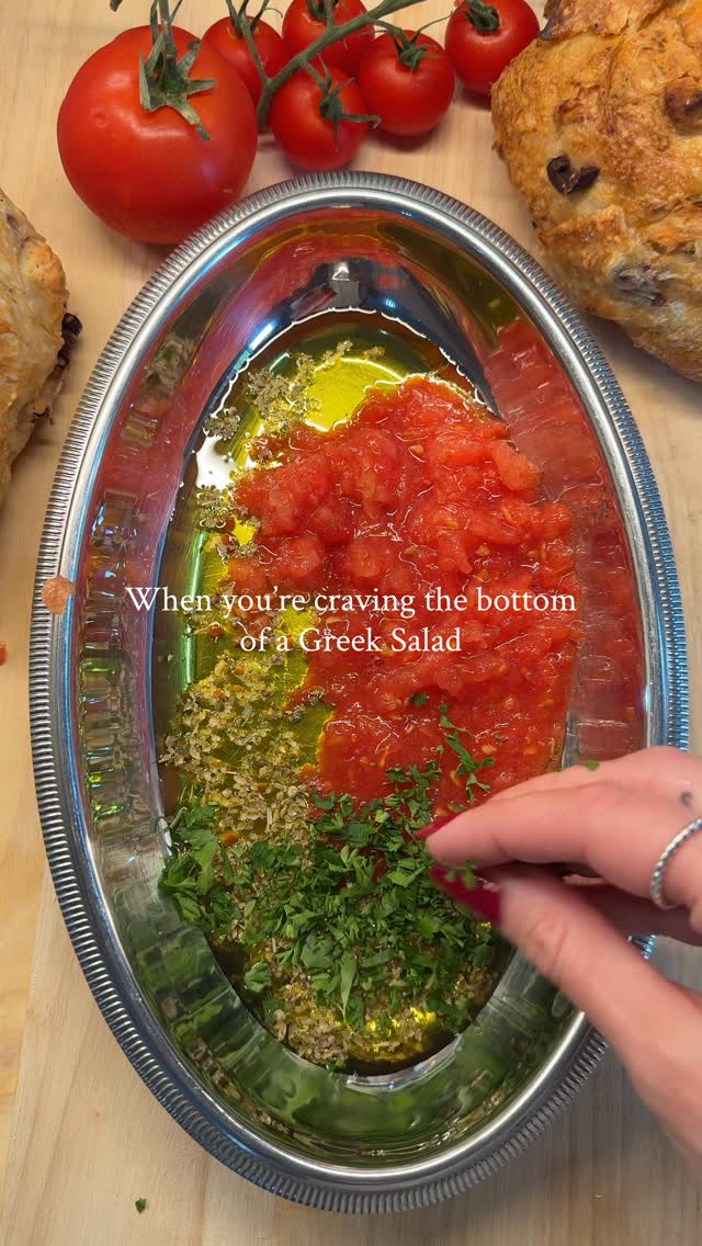 A perfect bread dip 🌿🍅🥖 In a shallow bowl, mix together: Olive oil, grated tomato, crumbled feta, ch…