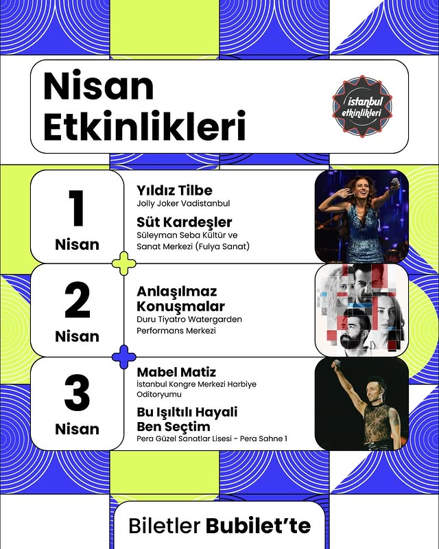 Dopdolu bir Nisan ayı geçirmek için kaydır! ➡️🎉 #reklam Birbirinden güzel konser ve tiyatrolar @bubi…
