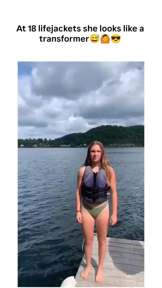 The Instagram post shows a woman on a lakeside dock methodically adding lifejackets one by one up to…