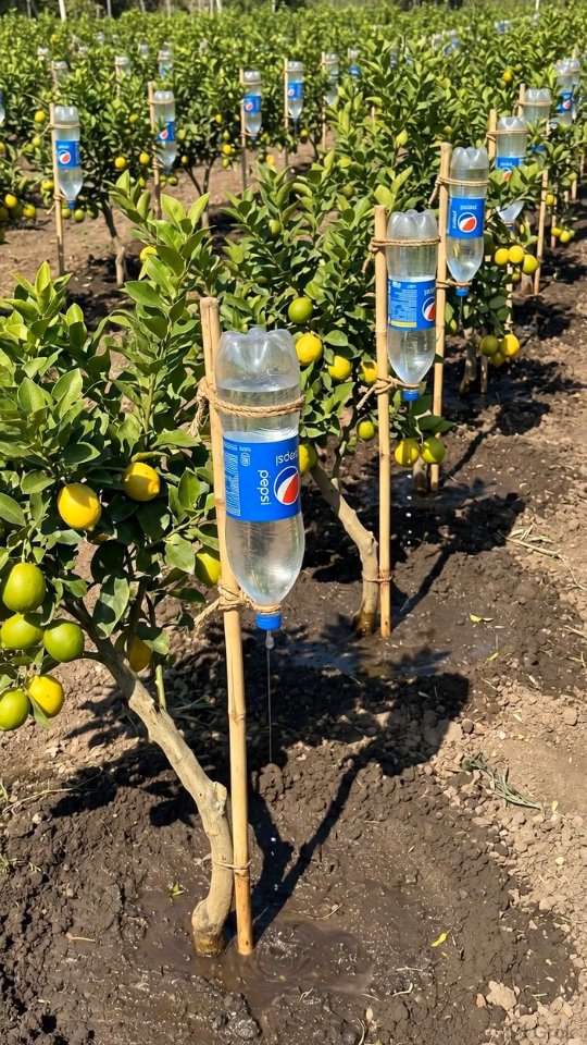 Waste pepsi bottle drip irrigation idea for lemon tree farm #gardening #DripIrrigation #gardentips #…