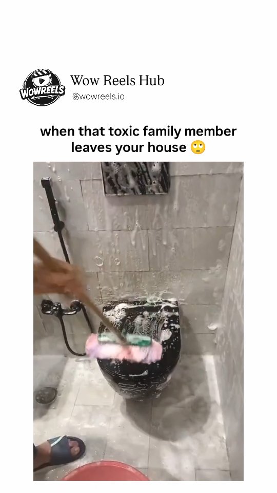 The video shows a person in a bathroom vigorously scrubbing the inside of a toilet bowl with a long-…